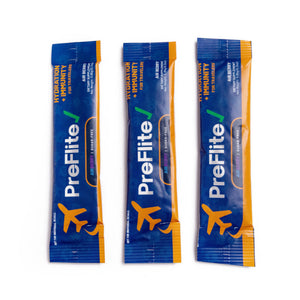 Three Pre Flite Airberry hydration and immune support stick packs standing in a row