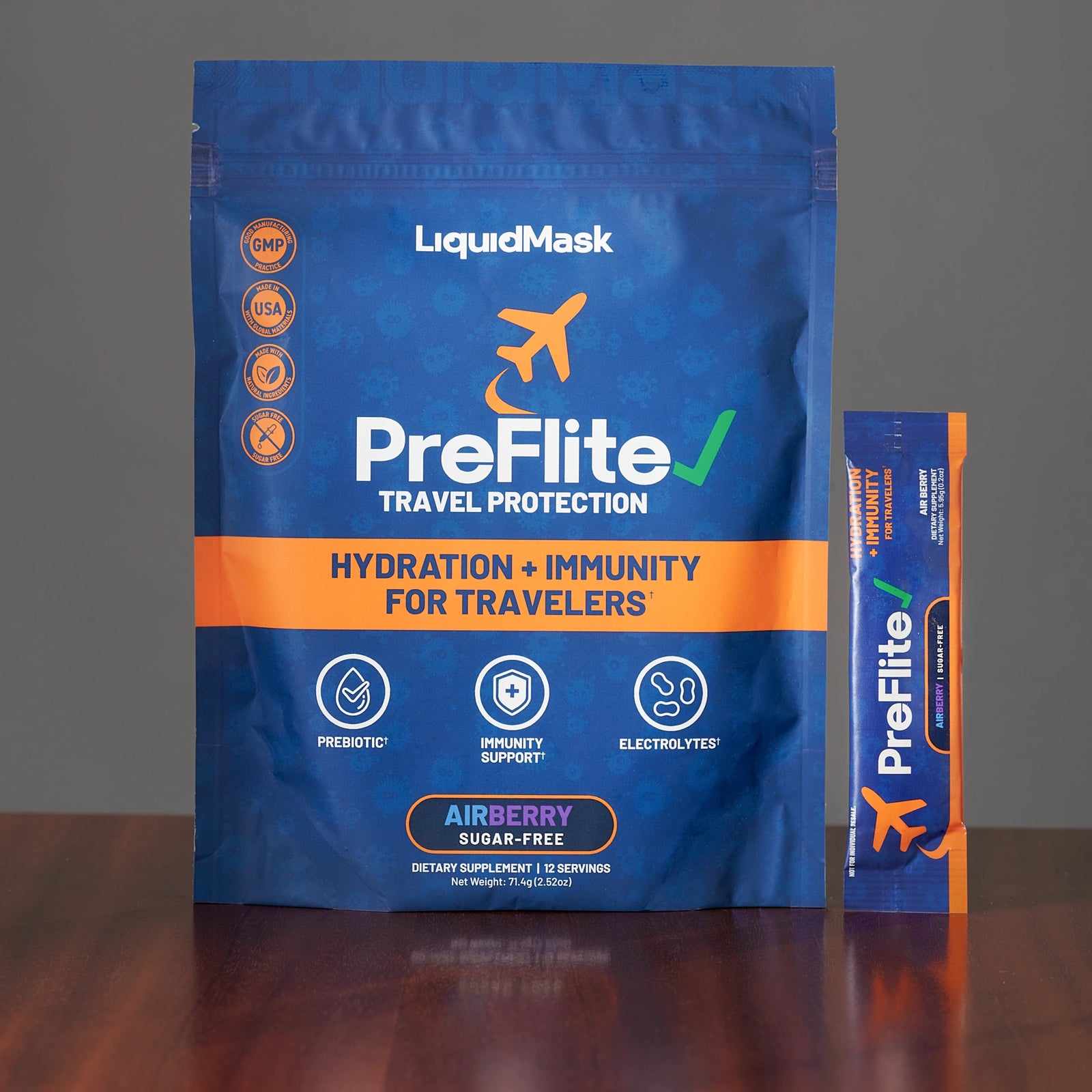PreFlite Airberry travel hydration powder pouch with a single stick pack, front of package showing hydration and immunity for travelers