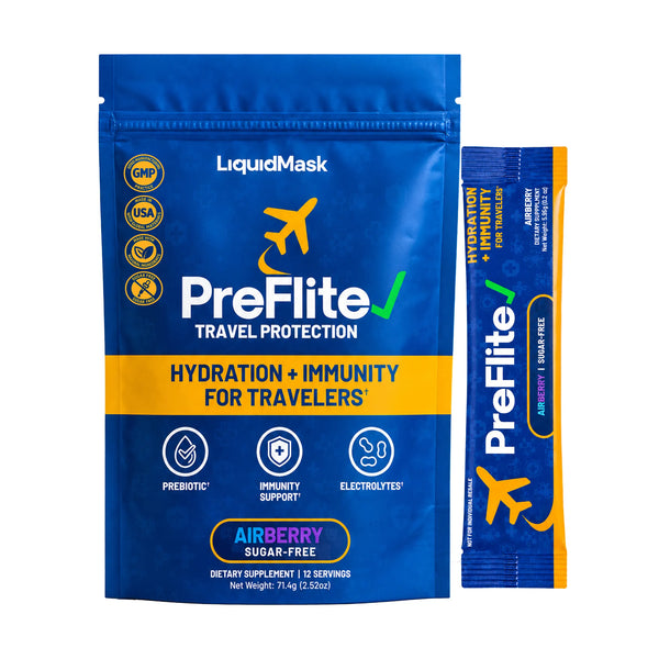 Pre Flite Airberry travel hydration and immune support powder pouch with stick pack